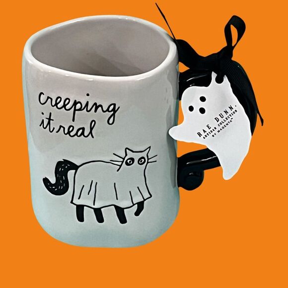 Rae Dunn Coffee Fall Mug Halloween Cat "Creeping it Real" Rare - Picture 2 of 7